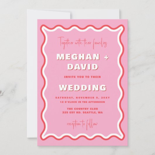 Invitation Mariage photo rouge rose vif de la courbe rétro (Devant)