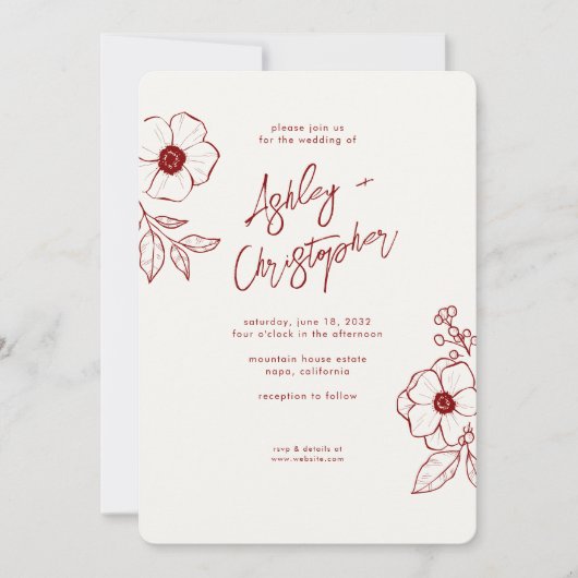 Invitation Mariage photo rouge rubis floral minimal (Devant)