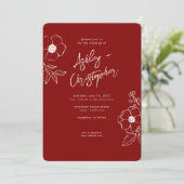 Invitation Mariage photo rouge rubis floral minimal (Debout devant)