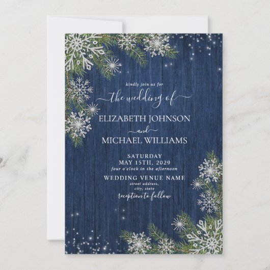 Invitation Mariage photo Rustic Blue Silver Winter Wood (Devant)
