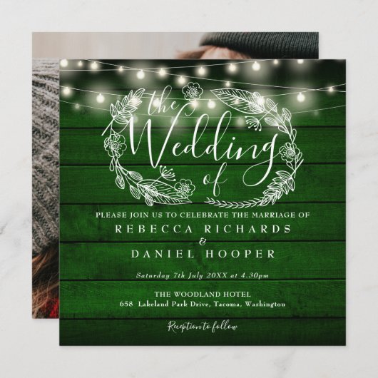 Invitation Mariage photo Rustic Green Wood String (Devant / Derrière)