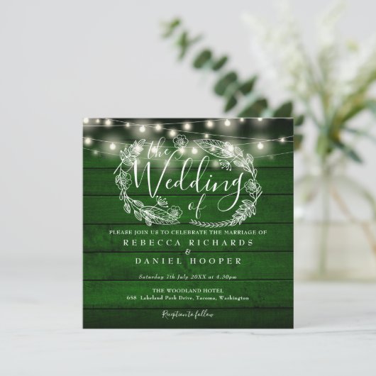 Invitation Mariage photo Rustic Green Wood String (Debout devant)