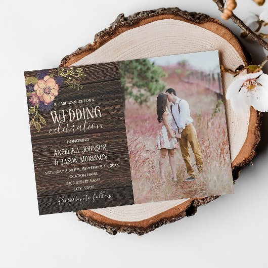 Invitation Mariage photo Rustic Wood Floral