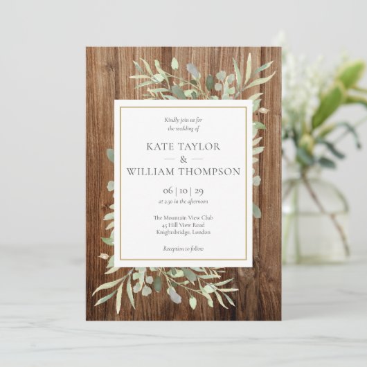 Invitation Mariage photo Rustic Wood Greenery (Debout devant)