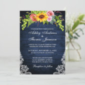 Invitation Mariage photo Rustique Blue Sunflower Floral Lace (Debout devant)