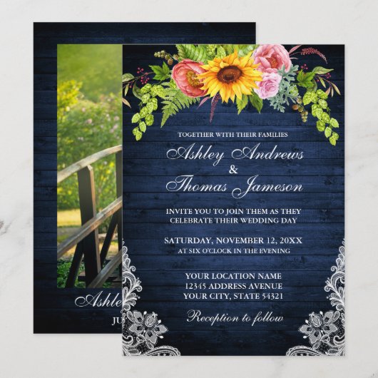 Invitation Mariage photo Rustique Blue Sunflower Floral Lace (Devant / Derrière)