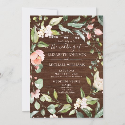 Invitation Mariage photo Rustique Blush Floral Script Bois (Devant)