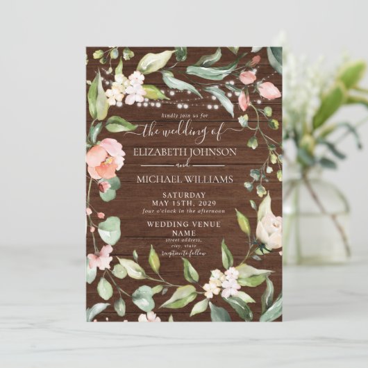 Invitation Mariage photo Rustique Blush Floral Script Bois (Debout devant)