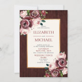 Invitation Mariage photo Rustique Burgundy Blush Wood Gold (Devant)
