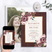 Invitation Mariage photo Rustique Burgundy Blush Wood Gold