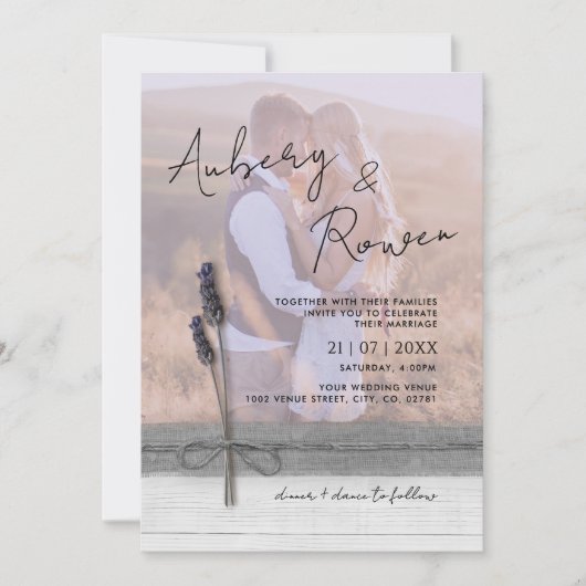 Invitation Mariage photo Rustique Burlap Wood Lavender Boho (Devant)