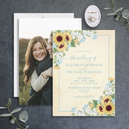 Invitation Mariage photo Rustique Dusty Blue Sunflower