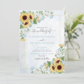 Invitation Mariage photo Rustique Dusty Blue Sunflower (Debout devant)