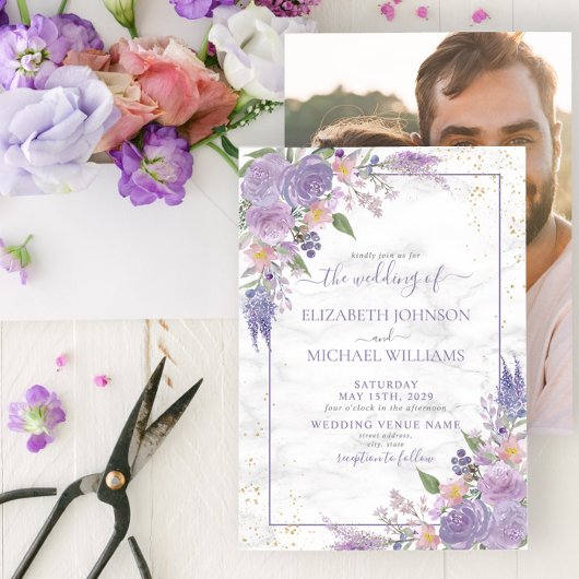 Invitation Mariage photo Rustique Lavender Lilac Gold Floral