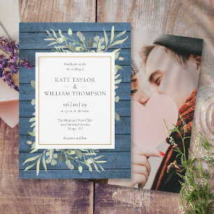 Invitation Mariage Photo Rustique Or Bleu Marine Végétal