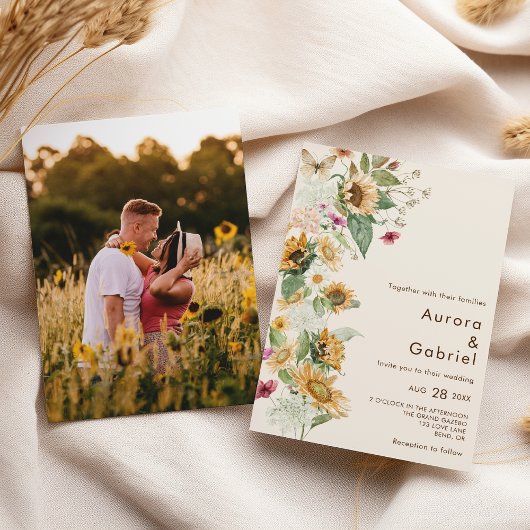 Invitation Mariage photo rustique Tournesol Beige