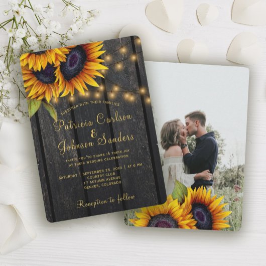 Invitation Mariage photo rustique tournesol grange bois