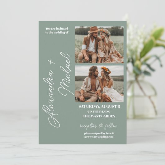 Invitation Mariage photo Sage Green Minimal Overlay (Debout devant)