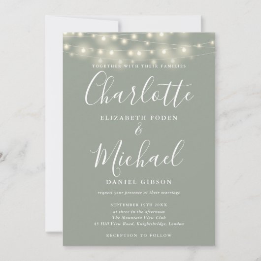 Invitation Mariage photo Sage Green String Lights Script (Devant)
