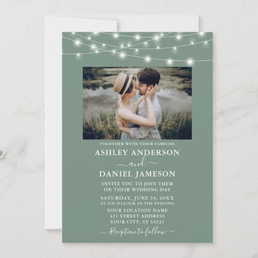 Invitation Mariage photo Sage Vert String Lumières (Devant)
