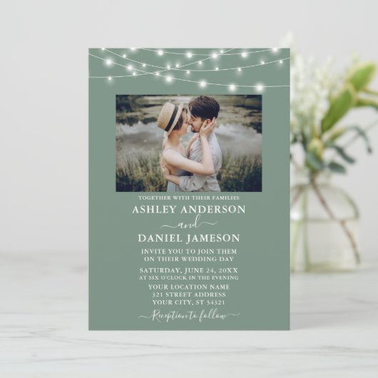 Invitation Mariage photo Sage Vert String Lumières (Debout devant)