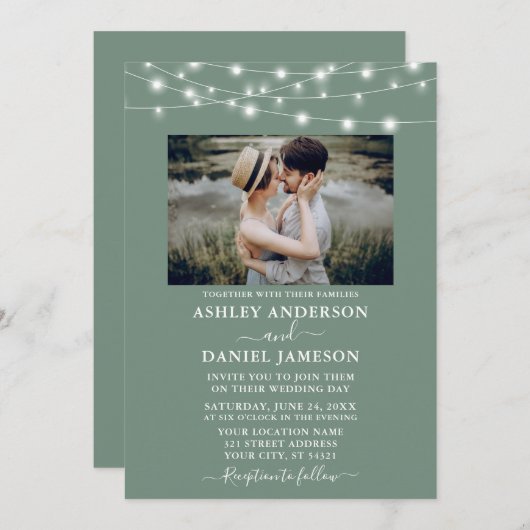Invitation Mariage photo Sage Vert String Lumières (Devant / Derrière)