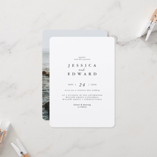 Invitation Mariage photo simple en argent métallique et noir (Devant/Arrière en situation)