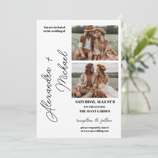 Invitation Mariage photo simple en noir et blanc (Debout devant)