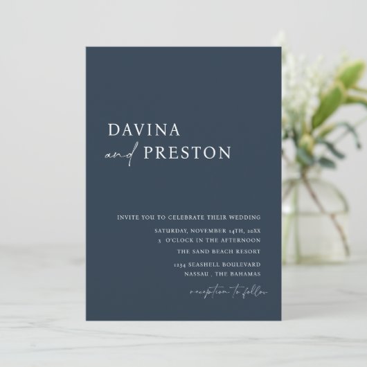 Invitation Mariage photo simple et moderne en bleu marine (Debout devant)