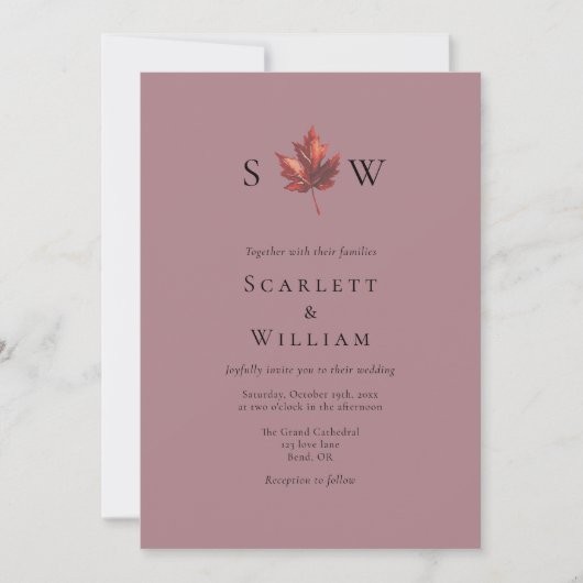 Invitation Mariage photo simple Leaf Mauve Monogram (Devant)
