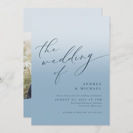 Invitation Mariage photo simple moderne Dusty Blue Navy (Devant / Derrière)