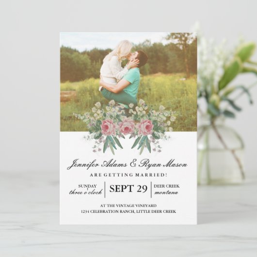 Invitation Mariage photo simple Roses (Debout devant)