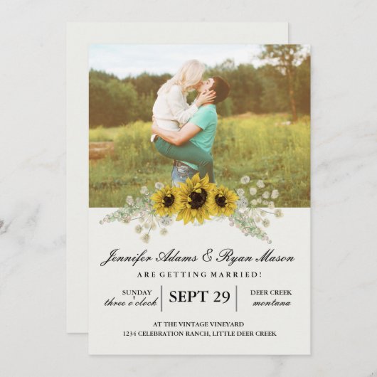 Invitation Mariage photo simple tournesols (Devant / Derrière)