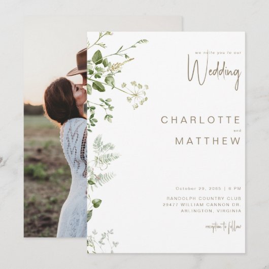 Invitation Mariage photo simple vert Couple (Devant / Derrière)