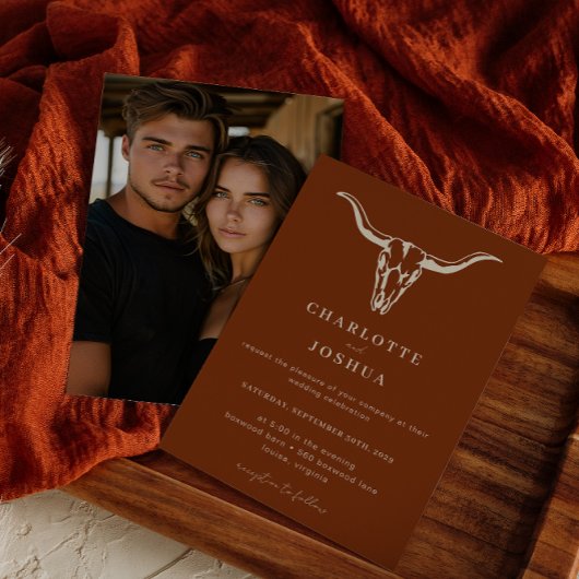 Invitation Mariage photo simple Western Bohemian Cow Skull