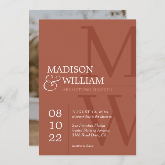 Invitation Mariage photo stylish Rust Terracotta Monogram (Devant / Derrière)