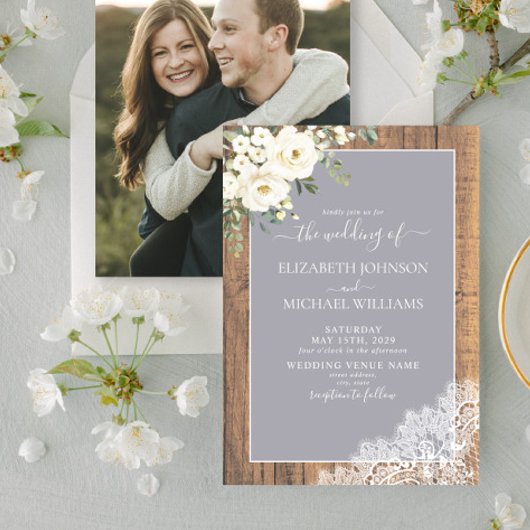 Invitation Mariage photo tendance gris clair rustique en bois