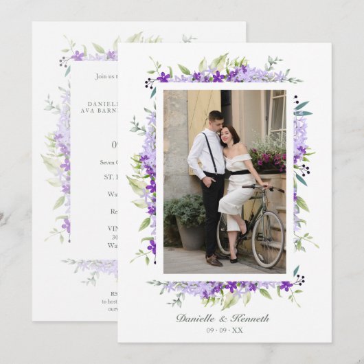 Invitation Mariage photo tons violets Fleurs & Branche (Devant / Derrière)