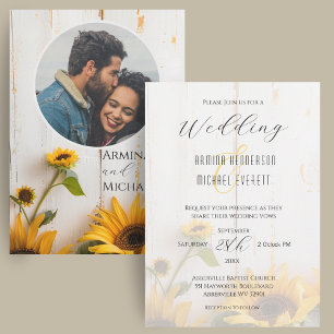 Invitation Mariage Photo Tournesol Rustique Bois de Grange Bl