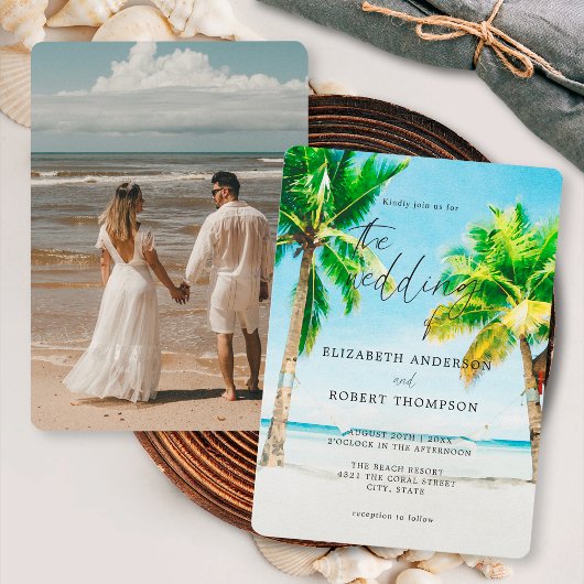 Invitation Mariage photo Tropical Beach Palm Tree Destination