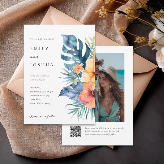Invitation Mariage photo Tropical Floral Summer QR