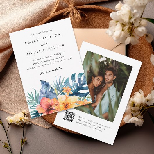 Invitation Mariage photo Tropical Floral Summer QR