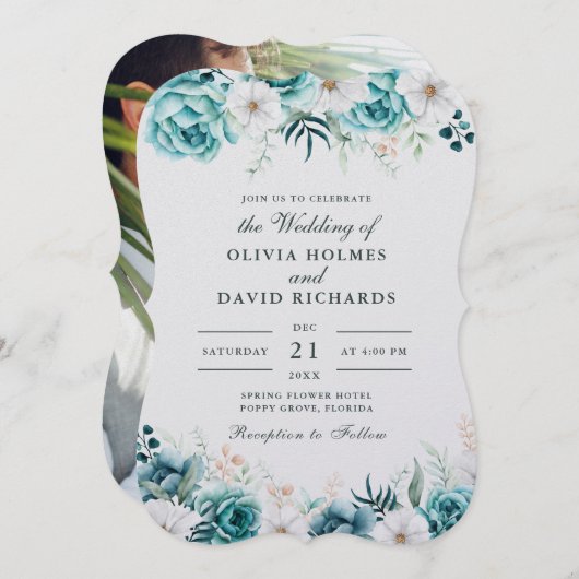 Invitation Mariage photo turquoise Fleur sauvage blanc blanc (Devant / Derrière)