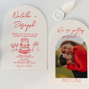 Invitation Mariage Photo Unique Rouge Dessiné à la Main Rétro