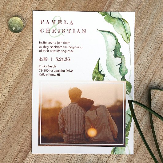 Invitation Mariage photo vert Brown Tropical Feuilles
