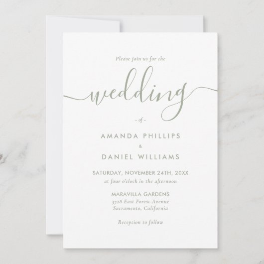 Invitation Mariage photo vert de Sage de script moderne (Devant)