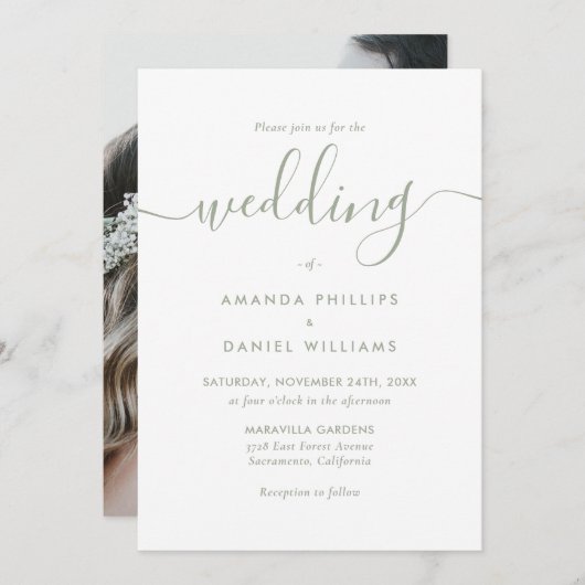 Invitation Mariage photo vert de Sage de script moderne (Devant / Derrière)