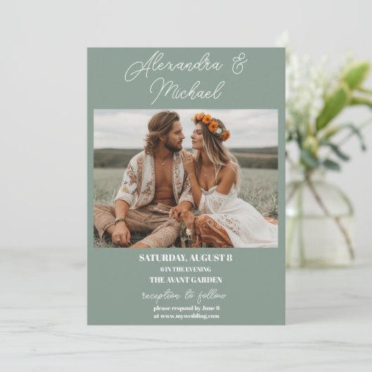 Invitation Mariage photo vert d'olive moderne (Debout devant)