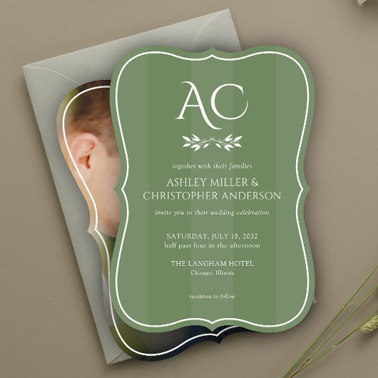 Invitation Mariage photo vert émaillé de monogramme minimal