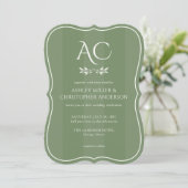 Invitation Mariage photo vert émaillé de monogramme minimal (Debout devant)